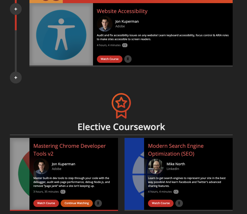 Screenshot of Elective Coursework offered to complement the Beginner Learning Path