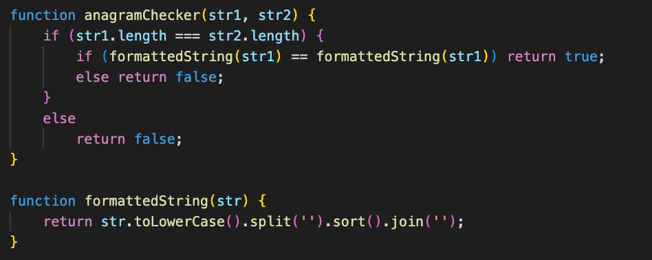 function anagramChecker(str1, str2) { if (str1.length === str2.length) { if (formattedString(str1) == formattedString(str1)) return true; else return false; } else return false; } function formattedString(str) { return str.toLowerCase().split(‘’).sort().join(‘’); }