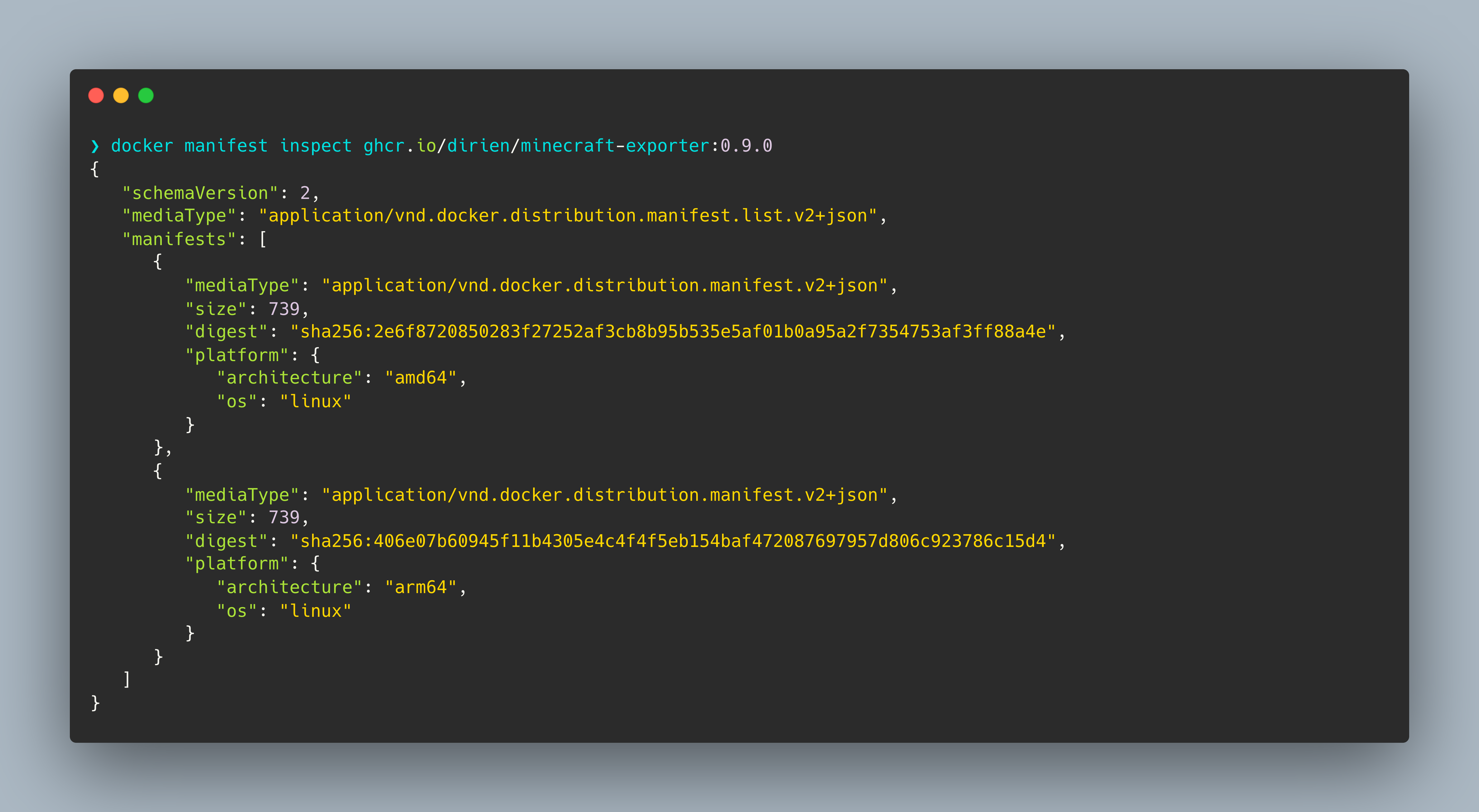 Example output of the docker manifest inspect command