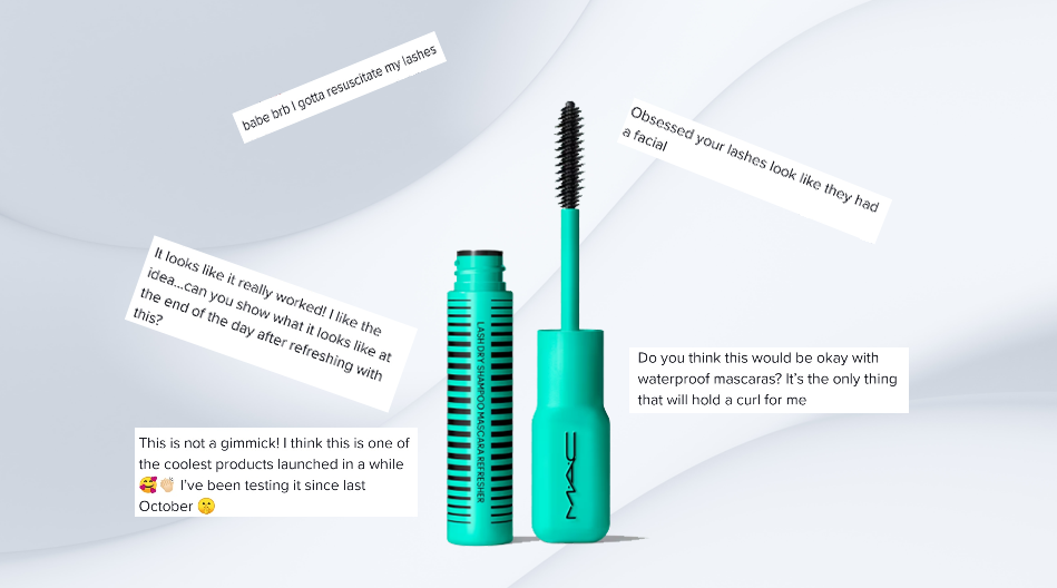 MAC Cosmetics Lash Dry Shampoo on white background with Social Media comments