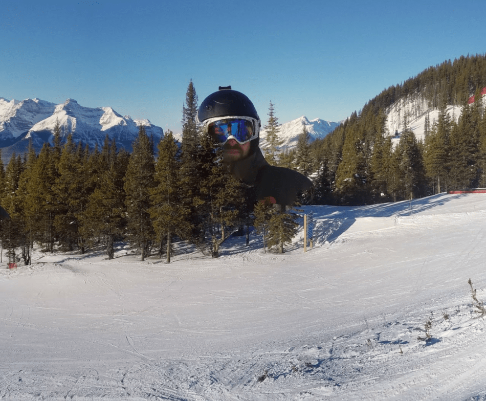 Mountain-sized man on a ski slope