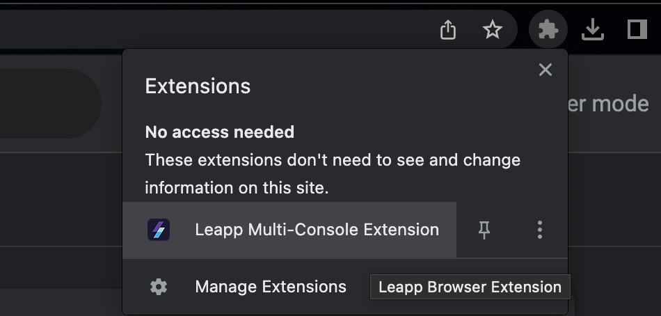 Extensão Leapp Multi-Console Extension configurada no navegador Google Chrome