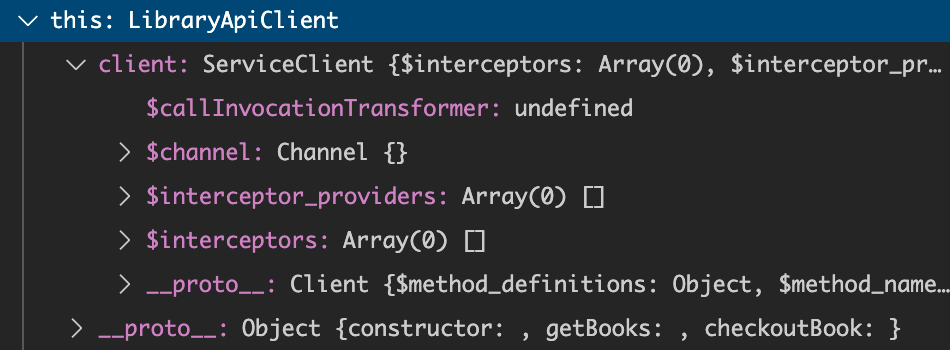 Debugger screenshot of LibraryApiClient. The display isn’t useful for understanding what functions the client provides.