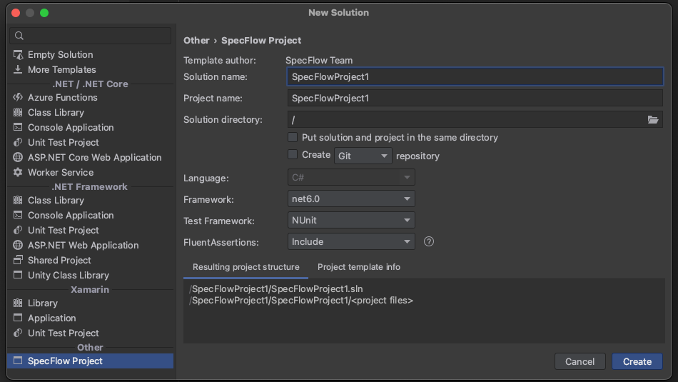 A screenshot of the new project modal in Rider with the ‘SpecFlow project’ option selected and a project name entered.