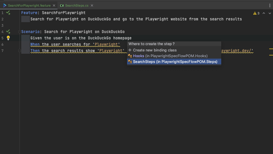 A screenshot of the SearchForPlaywright feature file showing the SpecFlow helper tool modal for creating new step definitions