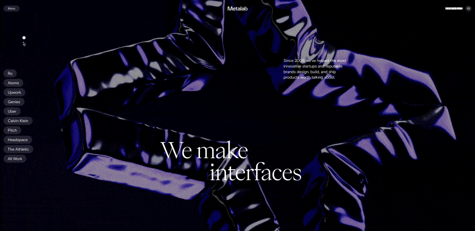 Page transitions on Metalab’s website, where clicking on a project image triggers a seamless zoom-in effect, smoothly transitioning to the next page.