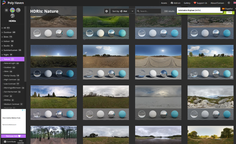 Screenshot de la web de recursos “Polyhaven” https://polyhaven.com