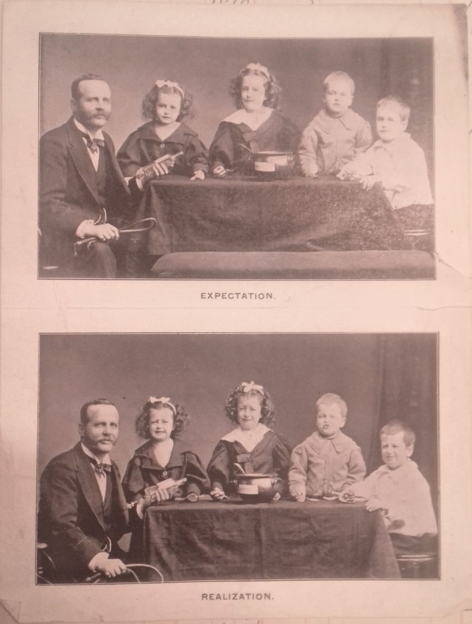 Two photographs of a family around a table with happy and sad expressions