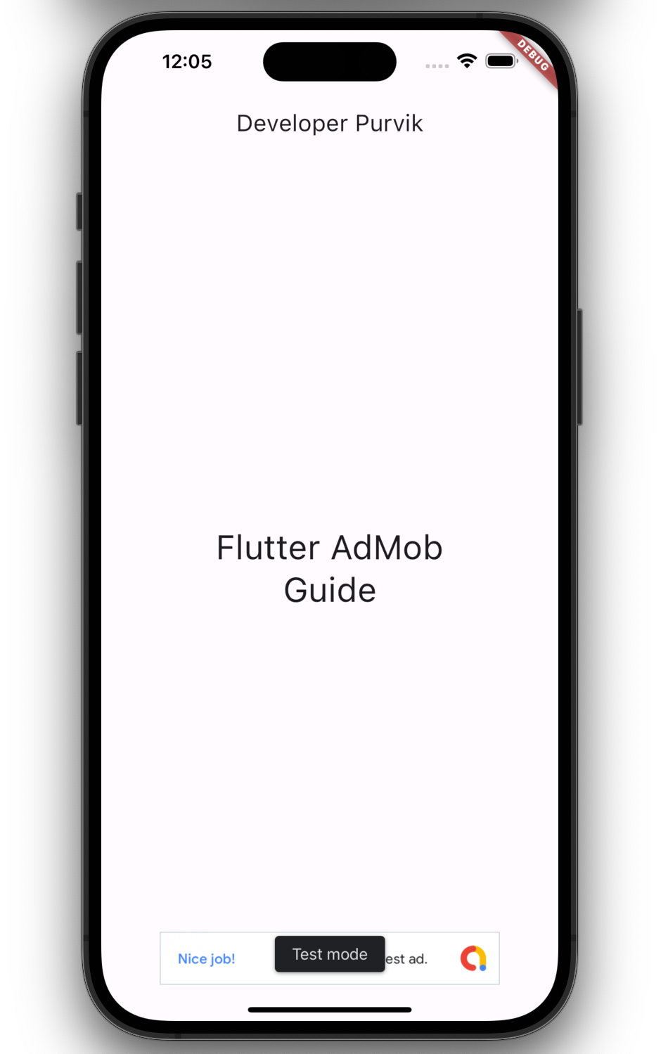 A screen shot of Flutter Mobile App Screen displaying Google Banner Ads loaded at the bottom