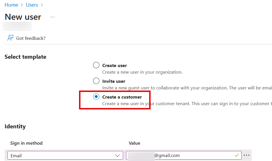 Image showing “New User / Create a customer”