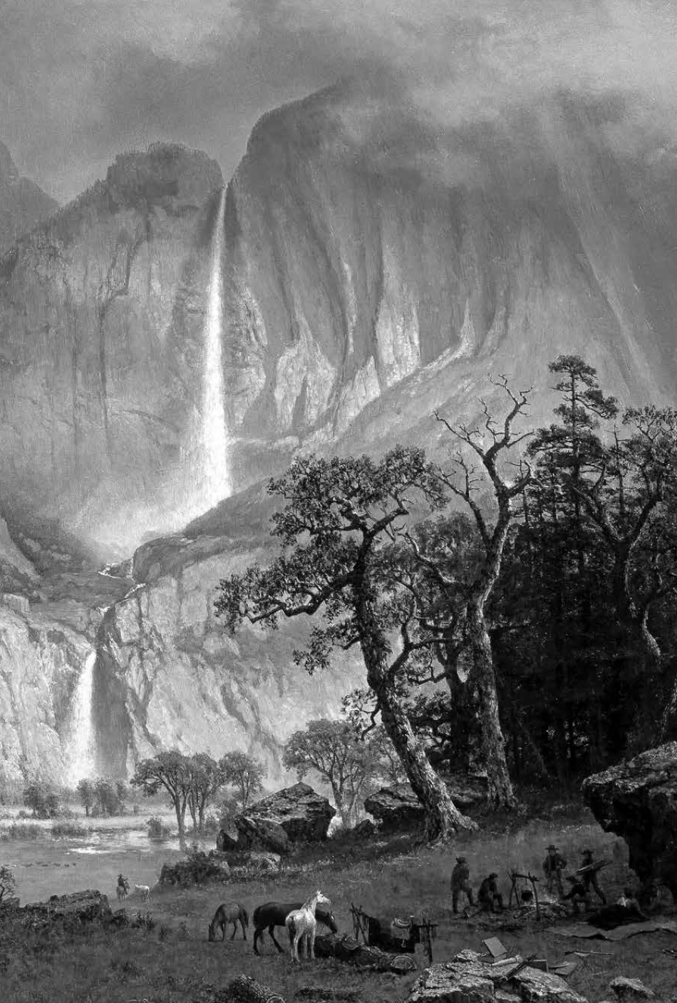 a painting of a waterfall with horses in the foreground and a forest