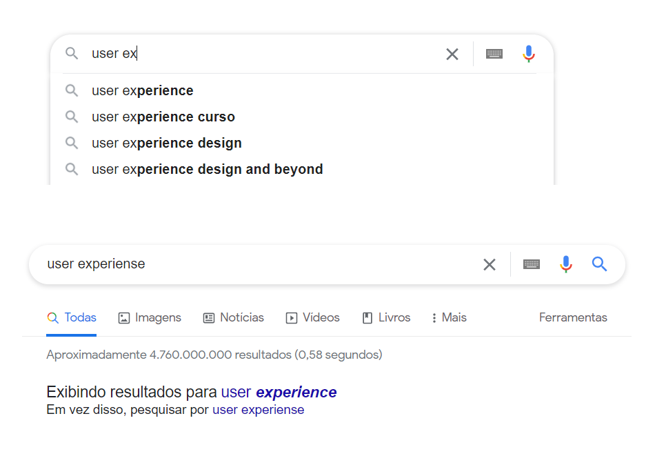 Print da busca no Google, mostrando as sugestões para a busca do termo “User Experience” e o resultado da busca ao pesquisar o termo com erro ortográfico.