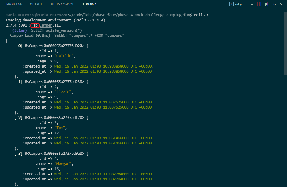 Rails console output with Awesome Print formatting.