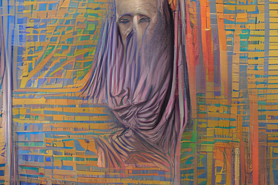Ghostly woman in a veil with a colourful geometric background