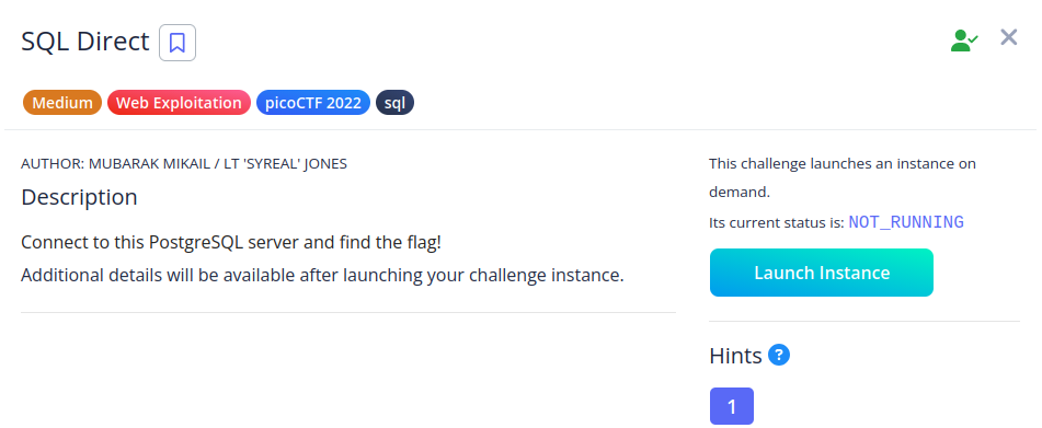 Writeup for picoCTF challenge “SQL Direct”