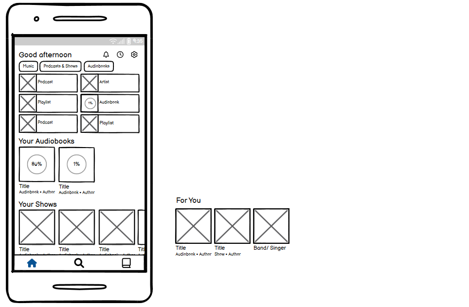 Balsamiq wireframe (low-fidelity) showing the home screen of Spotify with audiobooks integrated.