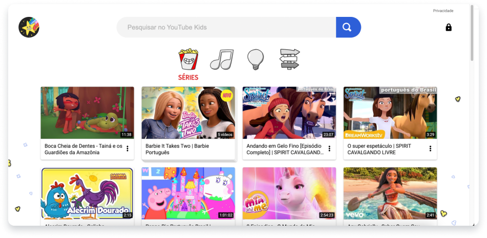 Recorte de tela do YouTube Kids. Há uma lista de vídeos infantis. Na parte superior há uma barra de busca e embaixo dela quatro botões de categorias de vídeos.