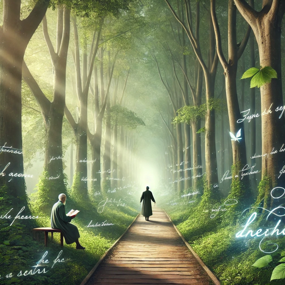 A poet walks along a winding path through a lush, green forest. The tall, ancient trees form a dense canopy overhead, with beams of sunlight piercing through. The poet, dressed in simple, flowing clothes, carries a notebook and pen. Ethereal, glowing words and lines of poetry float in the air, blending seamlessly with the natural surroundings. The path stretches into a mystical, misty horizon, symbolizing the poet’s infinite journey of creativity and discovery.