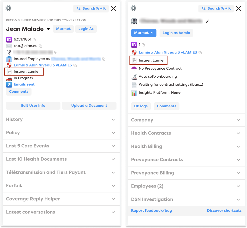 We see the “Insurer name” in Marmot, our backoffice, for both the member on the left and the company on the right