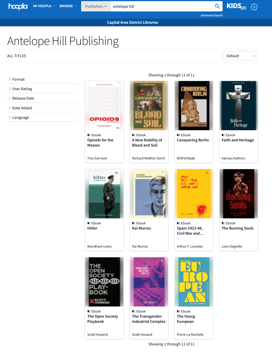 Screenshot showing white supremacist publisher Antelope Hill available on Hoopla Digital