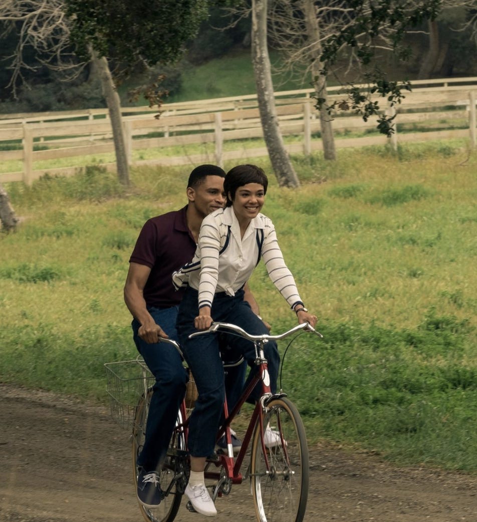 A still of Tessa Thompson and Nnamdi Asomugha in “Sylvie’s Love.”