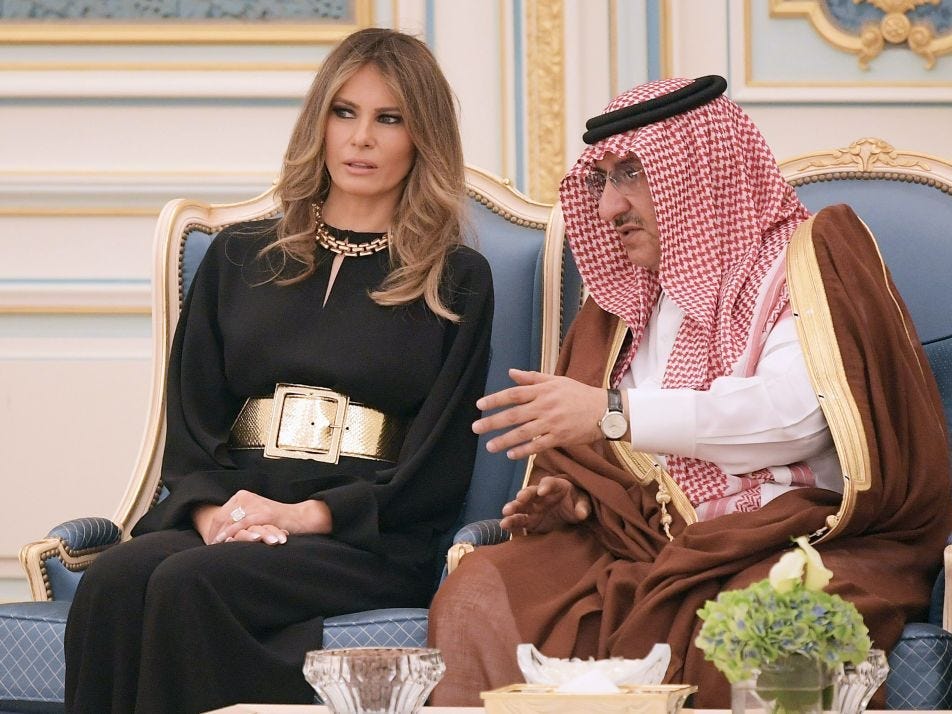 First Lady Melania Trump chats with Saudi Deputy Crown Prince Muhammad bin Nayef bin Abdulaziz al-Saud in May 2017.
