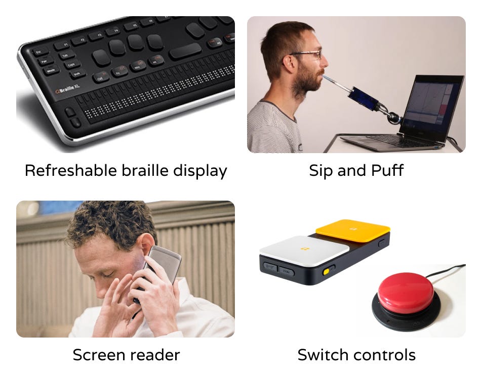 4 images show a refreshable braille display, a man using a sip-and-puff device with a laptop, a visually impaired man using a screen reader on a mobile device, and two switch control devices.