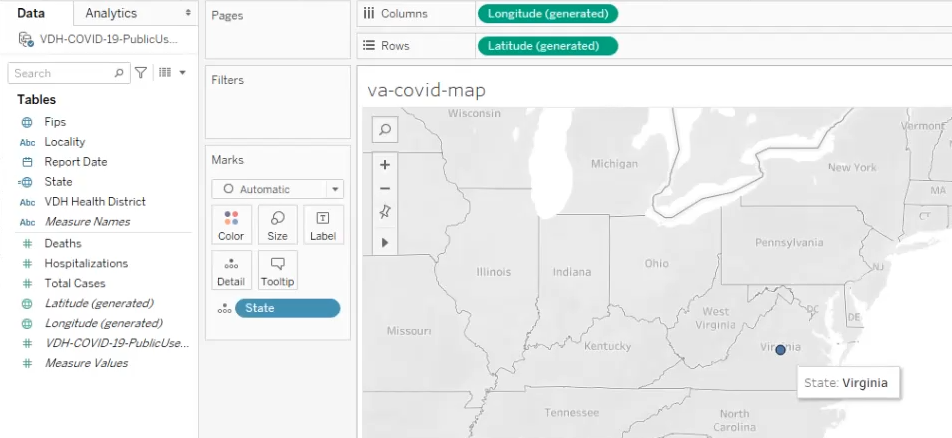 Image of the Tableau workspace, showing a map of Virginia and surrounding states..