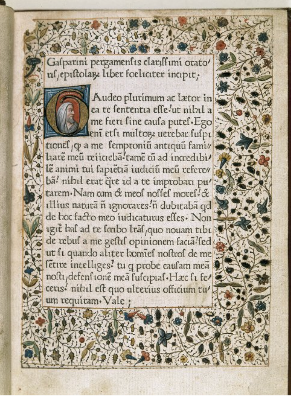 A page of Latin text starting with an inhabited initial. The page has a beautiful illuminated border filled with vines, leaves, and flowers.