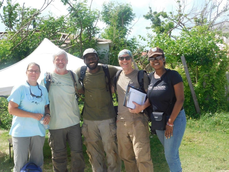 Dr. Rivera-Milán with colleagues conducting Barbuda Warbler (Setophaga subita) population assessment after Hurricane Irma.