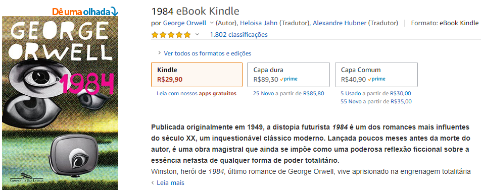 Página de venda da Amazon mostrando o livro “1984”, de George Orwell. Ebook: R$ 29,90; Impresso: R$ 40,90.