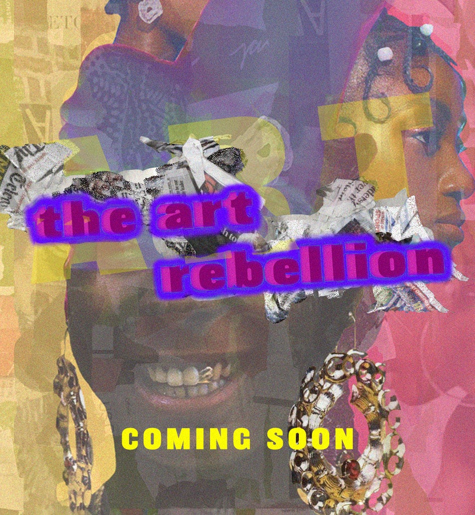 a collaged face with text on top “the art rebellion coming soon”