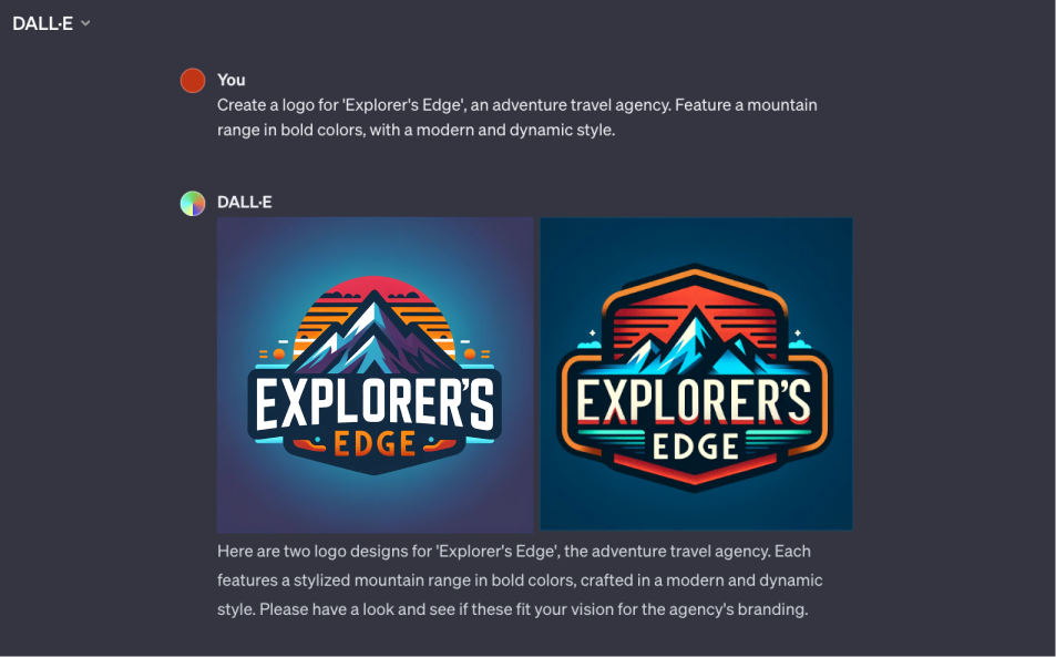 AI-generated logo for the fictional brand ‘Explorer’s Edge’, designed by DALL·E, following the author’s prompt: ‘Create a logo for an adventure travel agency featuring a mountain range in bold colors, with a modern and dynamic style’.