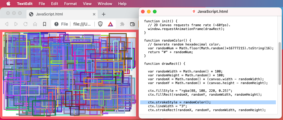 Using our randomColor function to display a random color border for each rectangle.