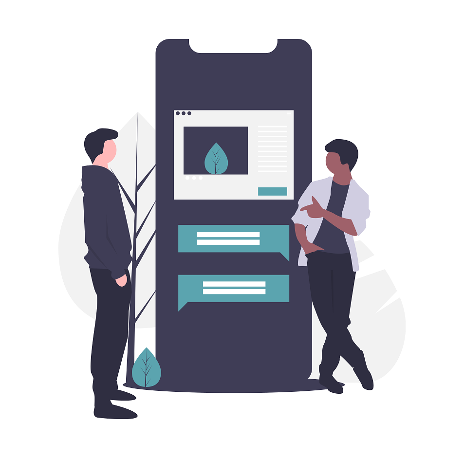 Illustration of two men standing in front of a mobile UI. One man is pointing at the other, casually.