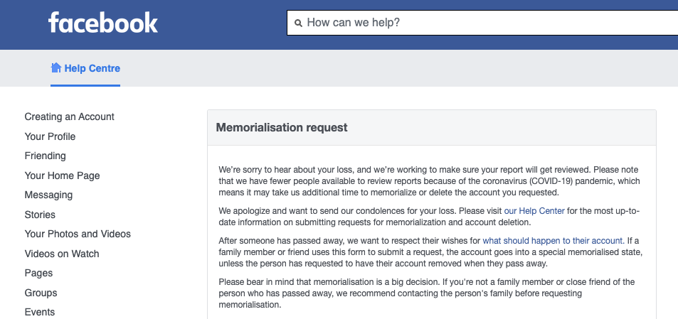 A screenshot of Facebook’s memoralisation request form