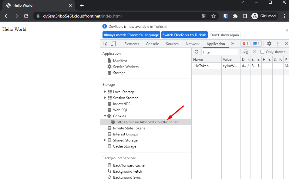 A screenshot taken from Chrome DevTools to show that ID token is saved into cookies once the user has logged in for further access requests without a need to login.