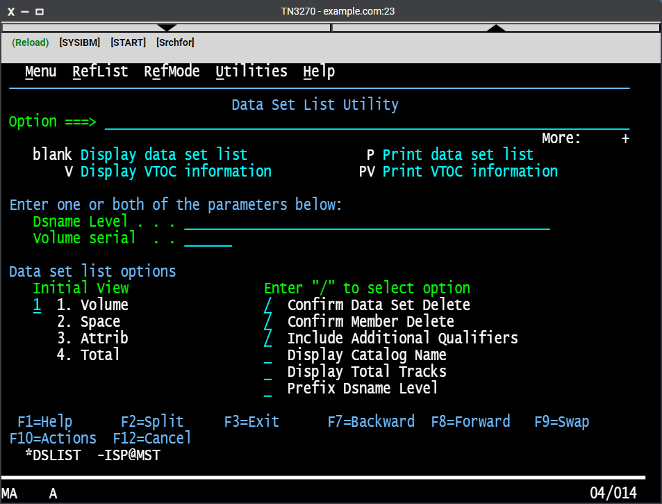 Screenshot of TN3270 with Key Sequences menu bar