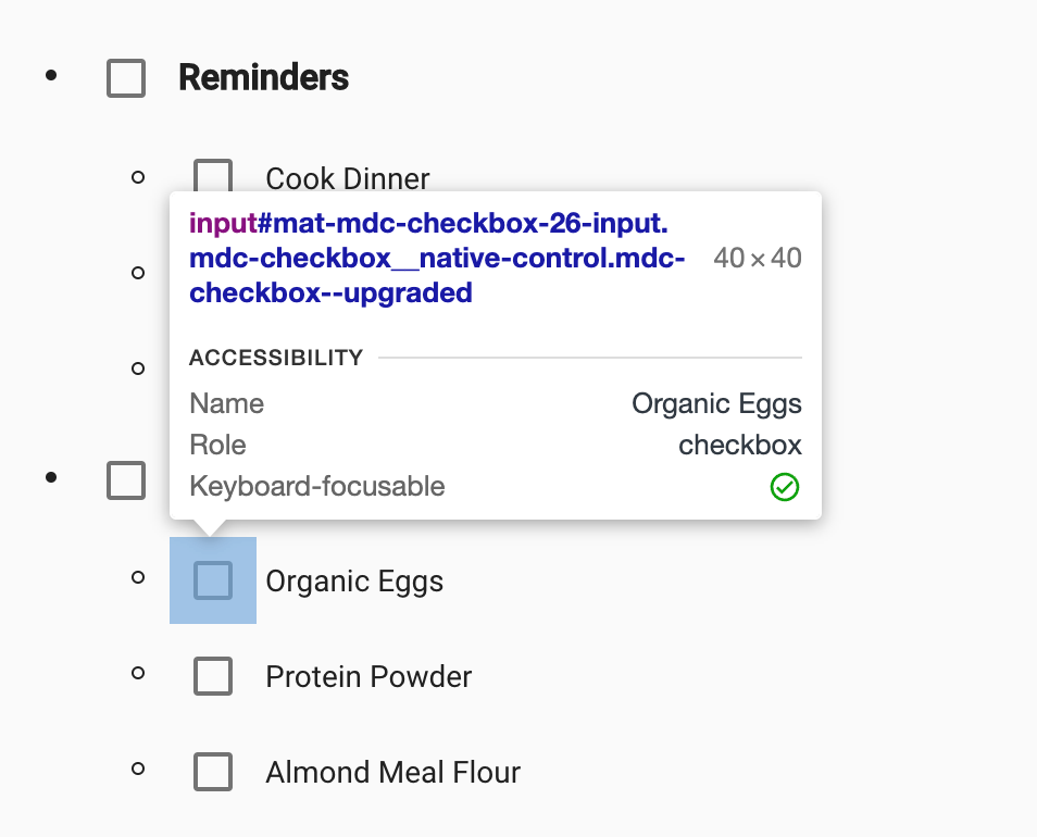 MDC-Checkboxes with the inspect element panel showing expanded touch target of 40 x 40 on the focusable region of the checkbox.