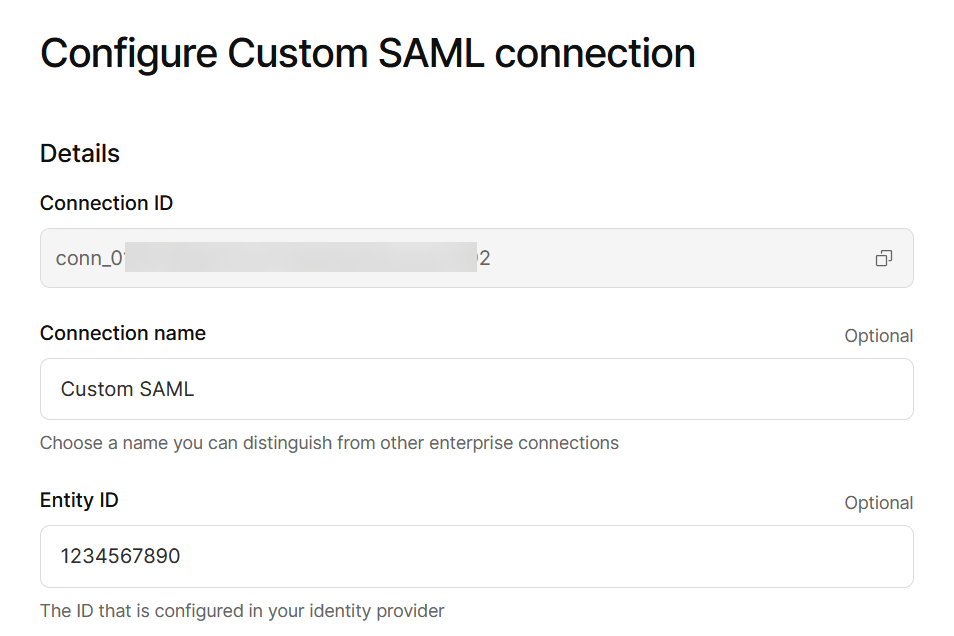 Image of custom SAML with entity ID “1234567890”