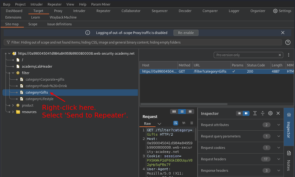 Screenshot of Burp showing where to find ‘/filter?category=Gifts’ in the site map.