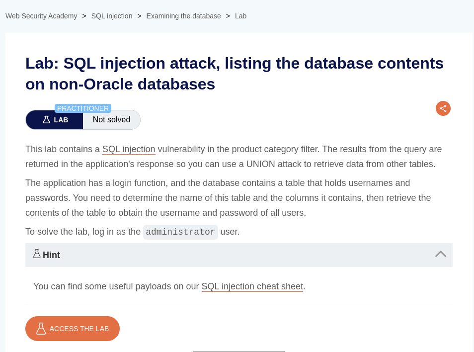 How to solve portswigger “ SQL injection attack, listing the database contents on non-Oracle…