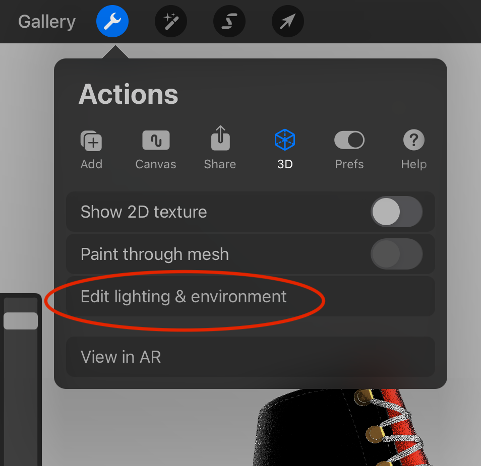 Screenshot of how to access the Light and Environment Feature: Actions > 3D > Edit lighting and environment