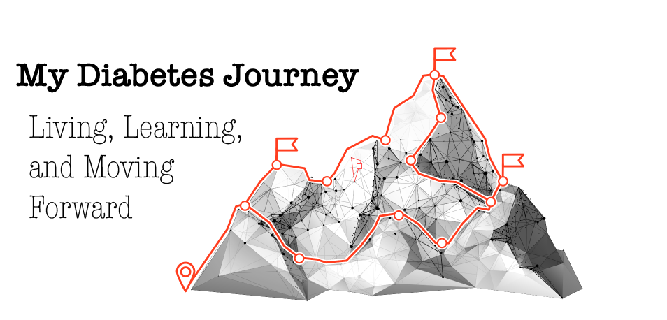 A drawing of a mountain with various routes to the top. The caption reads: My diabetes Journey: Living, Learning and Moving Forward