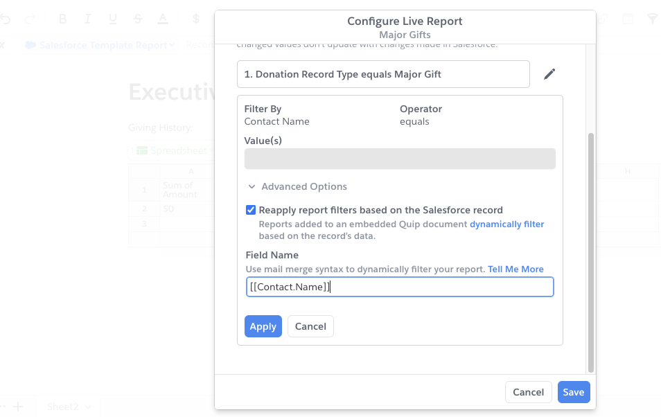 Image showing how to add a report filter to a live report in Quip.