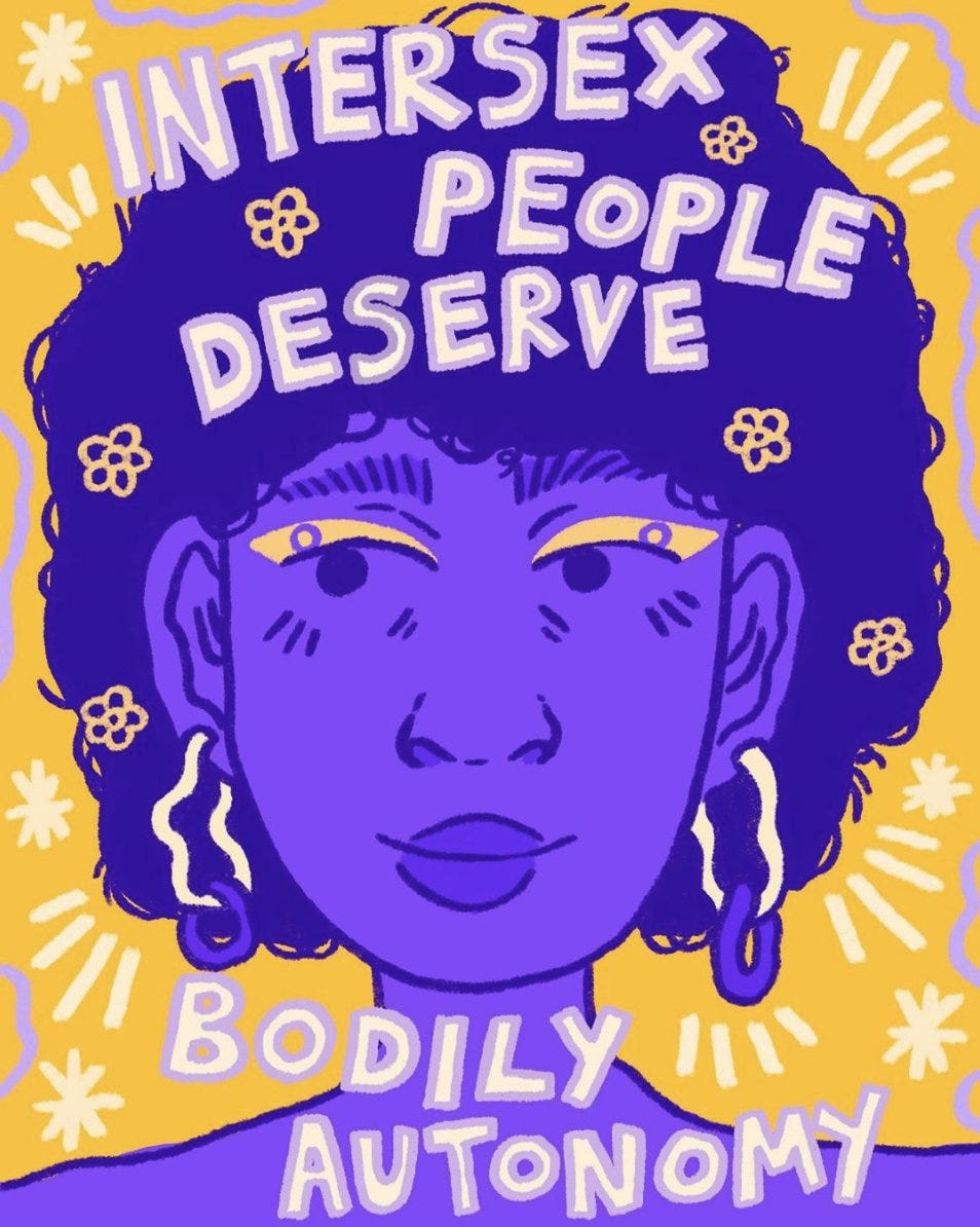 Artwork with an intersex person and a text that reads intersex people deserve bodily autonomy