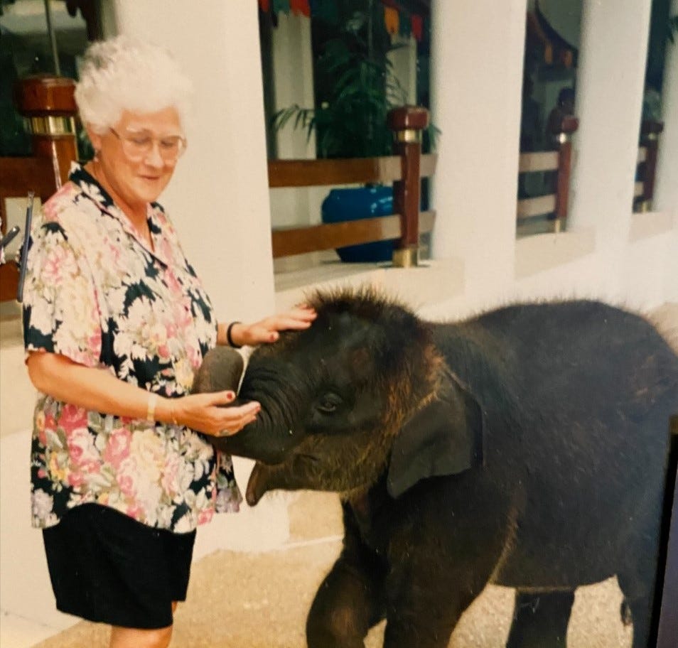 Granny with a baby elephant